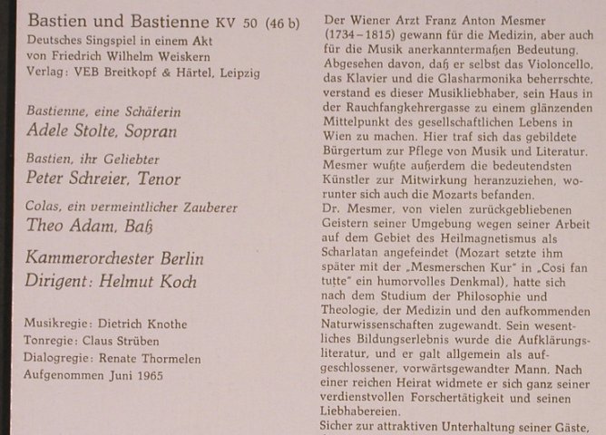 Mozart,Wolfgang Amadeus: Bastien und Bastienne, KV 50, Eterna(8 25 551), DDR, Ri, 1975 - LP - L8422 - 9,00 Euro