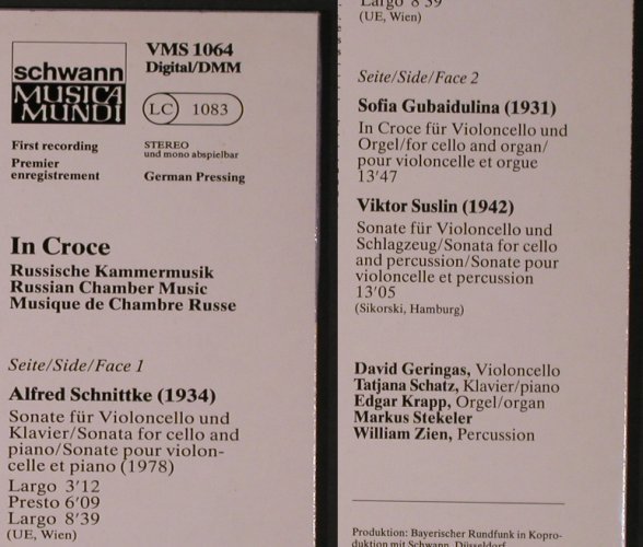 V.A.In Croce: Schnittke, Gubaidulina, Suslin, Schwann Musica Mundi(VSM 1064), D, 1987 - LP - L8536 - 14,00 Euro