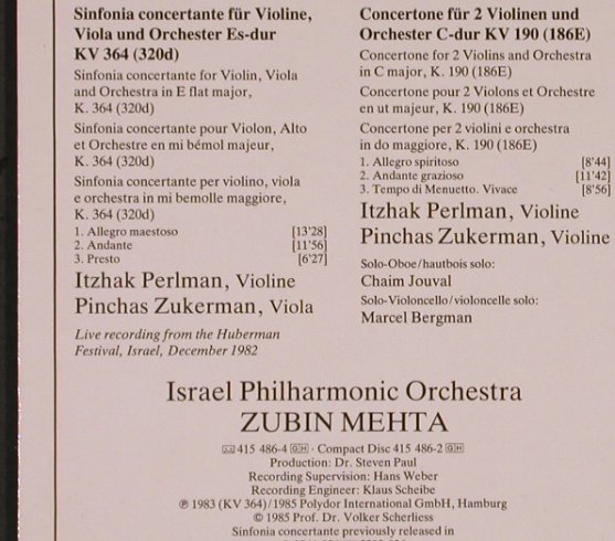 Mozart,Wolfgang Amadeus: Sinfonia Concertante/Concertone, D.Gr.(415 486-1), D, 1985 - LP - L8603 - 6,00 Euro