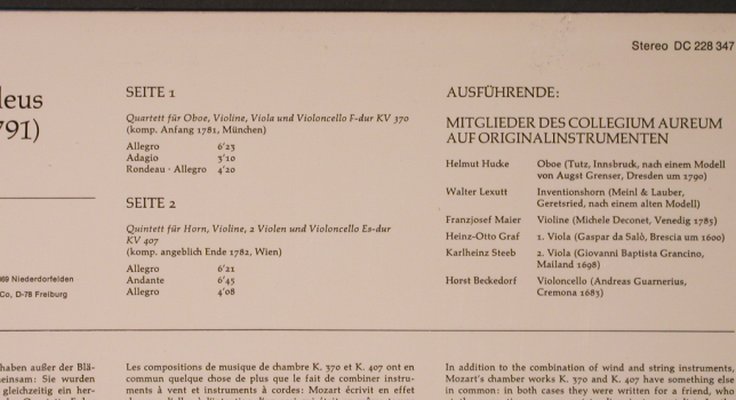 Mozart,Wolfgang Amadeus: Oboenquartett F-dur,Hornq.kv370,407, BASF/Harmonia Mundi(DC 228 347), D, 1976 - LP - L8664 - 5,00 Euro