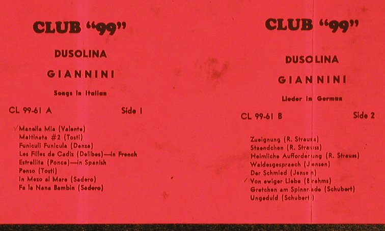 Giannini,Dusolina: Songs in Italian / German, Club 99(CL 99-61), US,  - LP - L9060 - 13,00 Euro