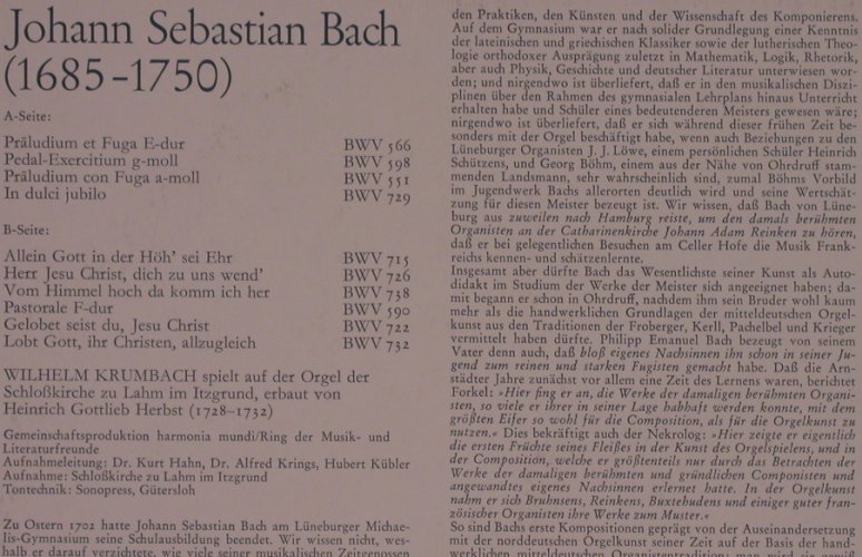 Bach,Johann Sebastian: in Arnstadt, Orbis(76 993), D, 1975 - LP - L9337 - 8,00 Euro