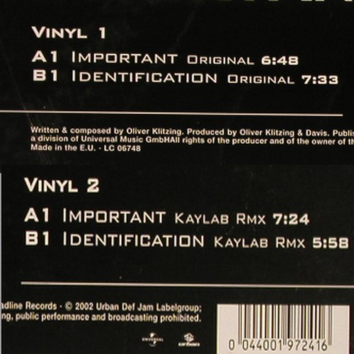 Reeloop:&nbsp;Important / Identification, Urban (019 724-1), EU, 2002 Typ:&nbsp;12"*2 Best.-Nr.:&nbsp;V275 Preis:&nbsp; 5,00 Euro