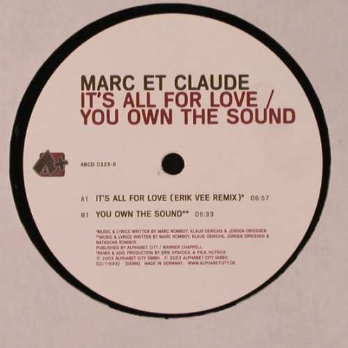 Marc et Claude: It's All For Love, You own t. sound, Alpha+(ABCD 0325-6), D, 2003 - 12inch - X9703 - 4,00 Euro