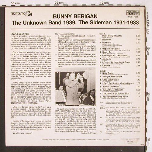 Berigan,Bunny: The Unknown Band 1939/Sideman31-33, Phontastic (NOST 7638), S, 1983 Typ: LP Best.-Nr.: V3354 Preis: 7,50 Euro
