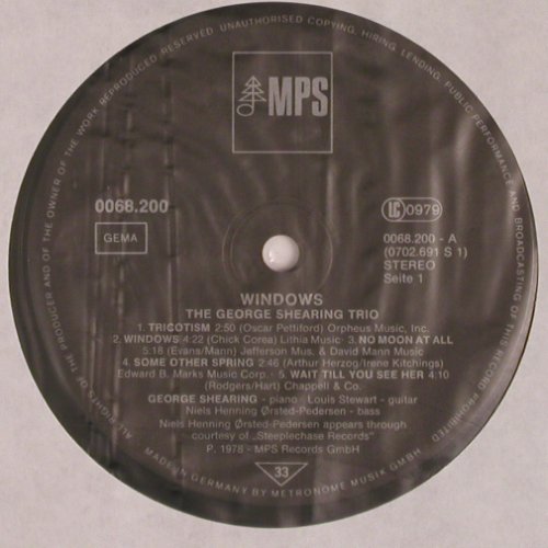 Shearing Trio,George: Windows, No Cover, MPS (0068.200), D, 1978 Typ: LP Best.-Nr.: V3780 Preis: 9,00 Euro