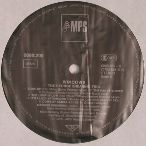 Shearing Trio,George: Windows, No Cover, MPS (0068.200), D, 1978 Typ: LP Best.-Nr.: V3780 Preis: 9,00 Euro