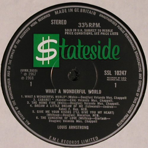 Armstrong,Louis: What A Wonderful World, EMI Stateside (SSl 10247), UK, 1968 Typ: LP Best.-Nr.: V3951 Preis: 9,00 Euro