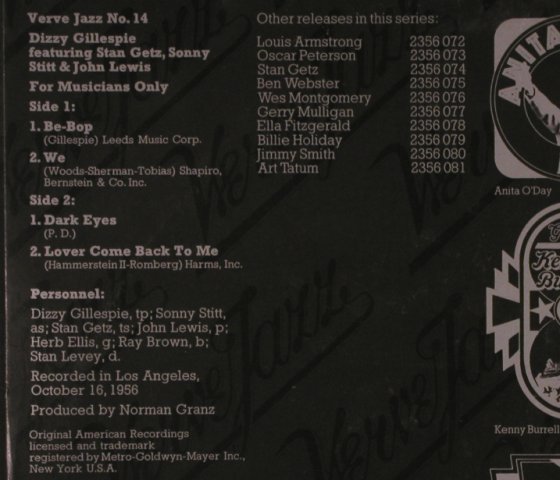 Gillespie,Dizzy: For Musicans only, Verve Metro(2356 103), D, Ri,Mono, 1956 - LP - X7177 - 15,00 Euro
