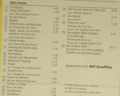 Quadflieg,Will - Mein Goethe: Gedichte u. Monologe '82, FS-New, Deutsche Gramophon(), D, 2004 - CD - 93939 - 5,00 Euro