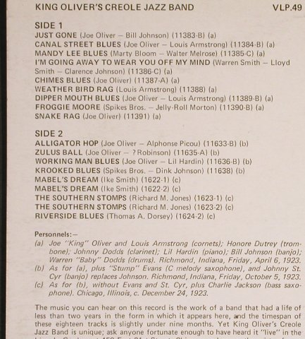 King Oliver's Creole Jazz Band: Same, VJM(VLP 49), UK, 1977 - LP - H7438 - 7,50 Euro
