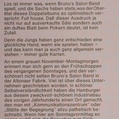 Bruno's Salon Band:&nbsp;Full House Dixie, Foc, Telefunken (TS 3186/1-2), D, 1973 Typ:&nbsp;2LP Best.-Nr.:&nbsp;V929 Preis:&nbsp; 9,00 Euro