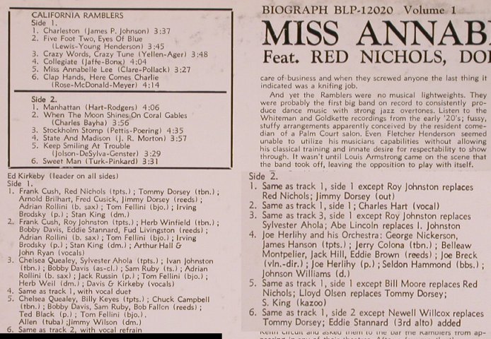 California Ramblers: Miss Annabelle Lee 1925-1927,Vol.1, Biograph(BLP-12020), US,  - LP - X4683 - 9,00 Euro