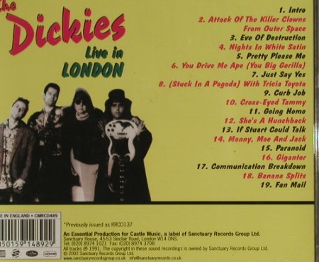 Dickies: Live in London(91), Sanctuary(CMRCD 489), UK, 2002 - CD - 61618 - 12,50 Euro