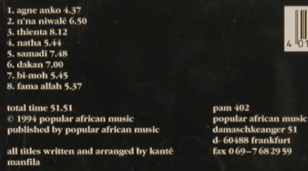 Kanté Manfila: n'na niwalé(merci les méres), Popular African Music(pam 402), D, 1994 - CD - 84149 - 10,00 Euro