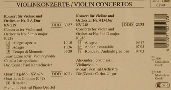 Mozart,Wolfgang Amadeus: Violinkonzerte Nr.4 & 5, Mediaphon(22.117), D, 1990 - CD - 80424 - 6,00 Euro