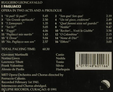 Leoncavallo,Ruggiero: I Pagliacci, 2 acts,Prologue, Eclipse Record(ECR CD1), , 1991 - CD - 81441 - 5,00 Euro