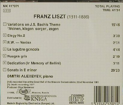 Liszt,Franz: Dmitri Alexeyev-Variations on Bach', Kniga(MK 417071), UK, 1992 - CD - 81466 - 5,00 Euro