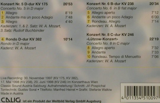 Mozart,Wolfgang Amadeus: Klavierkonzerte Nr.5, 8 & 6,Rondo, Calig(CAL 51009), D, 1989 - CD - 81570 - 6,00 Euro