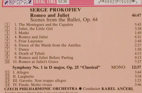 Prokofiev,Serge: Romeo and Juliet,op.64, Symph.Nr.1, Supraphon(11 1949-2), CZ,  - CD - 81831 - 12,50 Euro