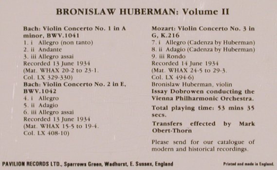 Huberman,Bronislaw: Volume II-Bach Mozart, Pearl(GEMM CD 9341), UK, 1989 - CD - 83733 - 16,00 Euro