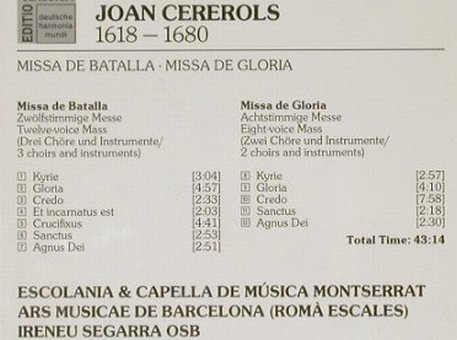 Cererols,Joan: Missa De Batalla, DHM(), D, 1990 - CD - 91009 - 7,50 Euro