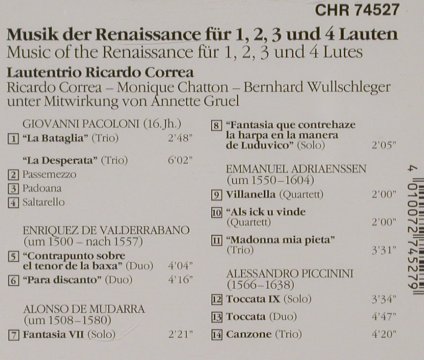 V.A.Musik der Renaissance: Für 1,2,3 und 4 Lauten, Christophorus(CHR 74527), D, 1987 - CD - 92144 - 10,00 Euro