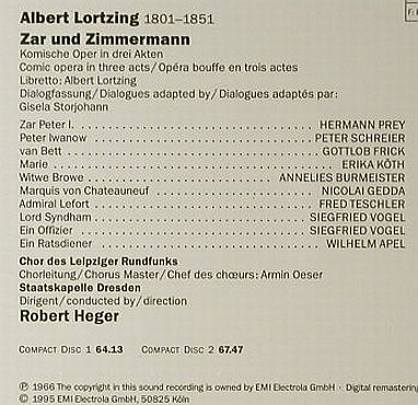 Lortzing / Heger: Zar und Zimmermann'66, EMI(), NL, 1995 - 2CD - 96051 - 10,00 Euro