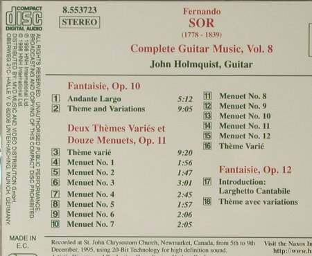 Sor,Fernado - John Holmquist,guitar: Guitar Music opp.10-12, Naxos(8.553723), D, 1995 - CD - 96498 - 5,00 Euro