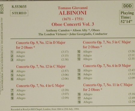 Albinoni,Tomaso: Oboe Concerti Vol.3 op.7,op.9, Naxos(8.553035), D, 1995 - CD - 97412 - 5,00 Euro