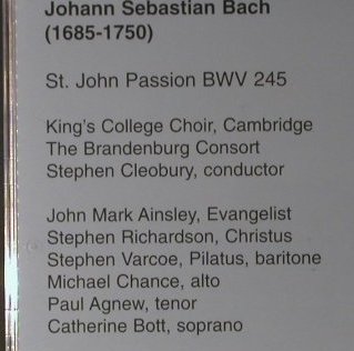Bach,Johann Sebastian: St. John Passion, Regis(RRC 2003), , 1995 - 2CD - 98183 - 12,50 Euro