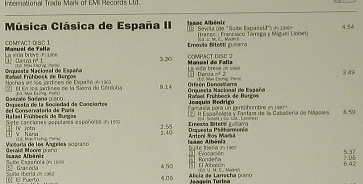 V.A.Musica Classica De Espana II: Falla, Albeniz, Granados..., EMI(CMS 7 64467 2), NL, 1992 - 2CD - 98608 - 17,50 Euro