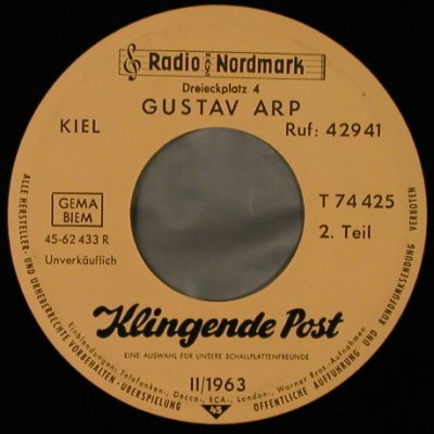 V.A.Klingende Post: 2/1963, vg+, No Cover, Radio Nordmark(T 74 425), D,  - 7inch - T3398 - 1,50 Euro
