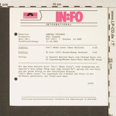 Fältskog,Agnetha: Cant'Shake Loose, 7 " InfoFact,co, Polydor(815 753-7), PromoSheet, 1983 - Facts - T346 - 1,00 Euro