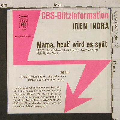 Indra,Iren: Mama,heut wird es spät / Mike, CBS BlitzInfo(CBS S 1908), D,Musterpl, 1973 - 7inch - T1832 - 7,50 Euro