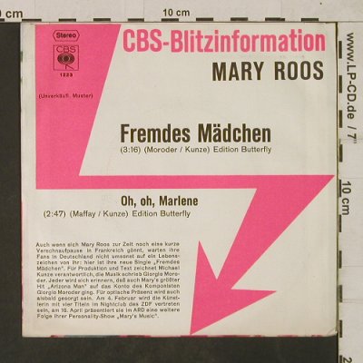 Roos,Mary: Fremdes Mädchen / Oh,Oh,Marlene, CBS Blitzinfo.(CBS S 1223), D,  - 7inch - T1883 - 4,00 Euro