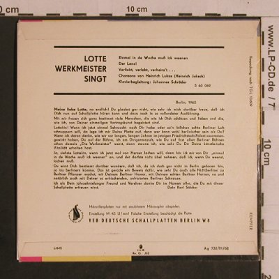 Werkmeister,Lotte: Eimal in der Woche muß ick weenen, Litera(5 60 069), DDR, 1963 - EP - T4390 - 5,00 Euro