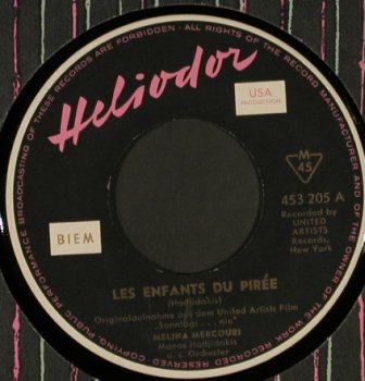 Sonntags ... Nie, voc. M. Mercouri: Les Enfants du Pirée, FLC, Heliodor(453 205), D,Mono, 1960 - 7inch - T666 - 4,00 Euro