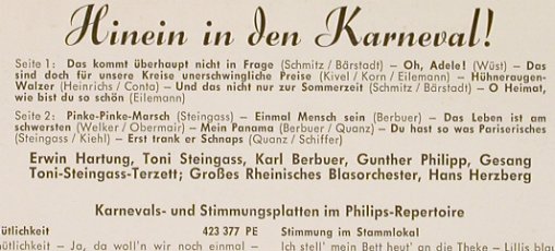 V.A.Hinein in den Karneval: Die 12 Neuen zum Schunkeln..., Philips(423 484 PE), D, 1964 - EP - S9704 - 4,00 Euro