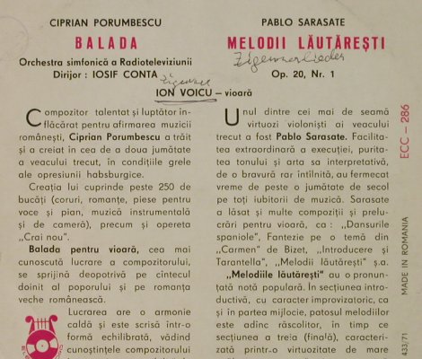 Voicu,Ion: Balada / Melodii Lautaresti,woc, Electrecord,33rpm(ECC - 286), Romania,  - 7inch - T2686 - 4,00 Euro