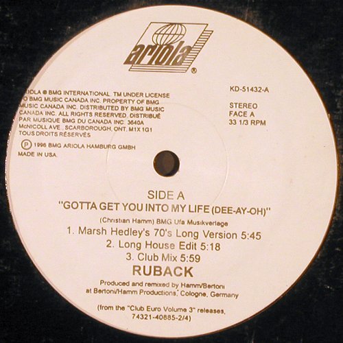 Ruback: Gotta get you into my Life dee-ah-o, Ariola (KD-51432), US, LC, 1996 Typ: 12" Best.-Nr.: V3222 Preis: 4,00 Euro