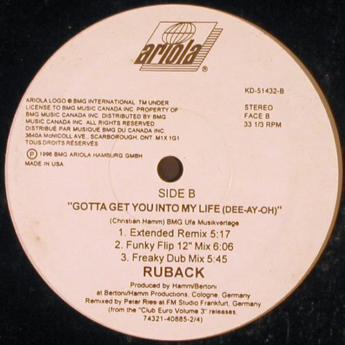 Ruback: Gotta get you into my Life dee-ah-o, Ariola (KD-51432), US, LC, 1996 Typ: 12" Best.-Nr.: V3222 Preis: 4,00 Euro