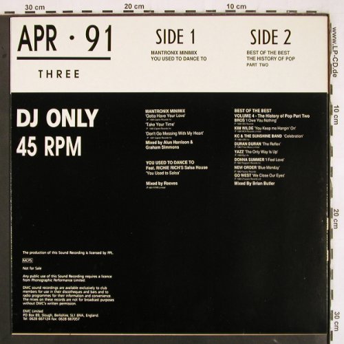 V.A.DMC April  91 - Three: Mantronix Minimix,Best o.t.Best 4, DMC (DMC 99/3), UK, 1991 Typ: 12" Best.-Nr.: V3389 Preis: 9,00 Euro