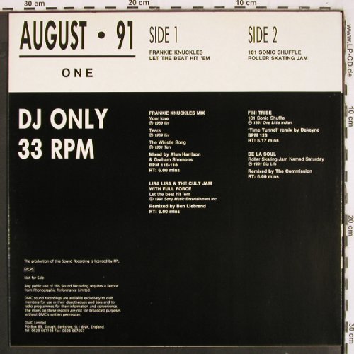 V.A.DMC August 91 - One: Frankie Knuckles,LisaLisa,FiniTribe, DMC (DMC 103/1), UK, 1991 Typ: 12" Best.-Nr.: V3402 Preis: 9,00 Euro