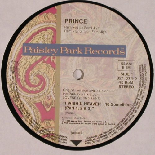 Prince:&nbsp;I Wish U Heaven/CamilleScarletPussy, Paisley Park (921 074-0), D, 1988 Typ:&nbsp;12" Best.-Nr.:&nbsp;V956 Preis:&nbsp; 7,50 Euro