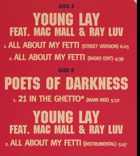 Young Lay feat Mac Mall & Ray Luv: All about my Fetti*3/Poets of Darkn, Tommy Boy(0630-12011-0), EU, 1995 - 12inch - Y4201 - 4,00 Euro