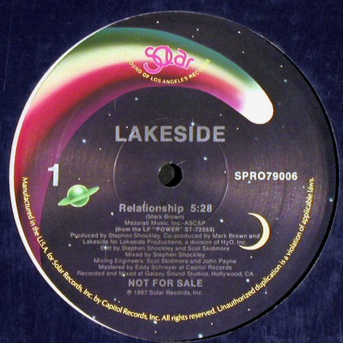 Lakeside:&nbsp;Relationship*2 (5:28 / instrum.), Solar/Promo, FLC (SPRO79006), US, 1987 Typ:&nbsp;12" Best.-Nr.:&nbsp;Y7671 Preis:&nbsp; 3,00 Euro