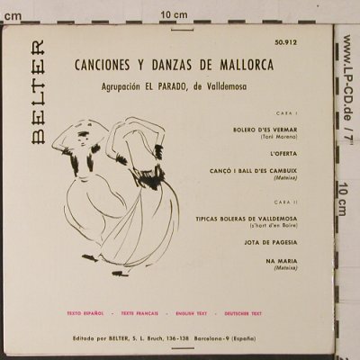 El Parado, de Valldemosa: Canciones y Danzas de Mallorca, Belter(50.612), E, Foc, 1960 - EP - T1140 - 4,00 Euro