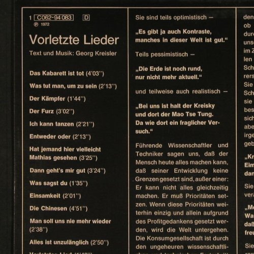 Kreisler,Georg: Vorletzte Lieder, Preiser(C 062-94 083), D, 1972 - LP - F6135 - 30,00 Euro