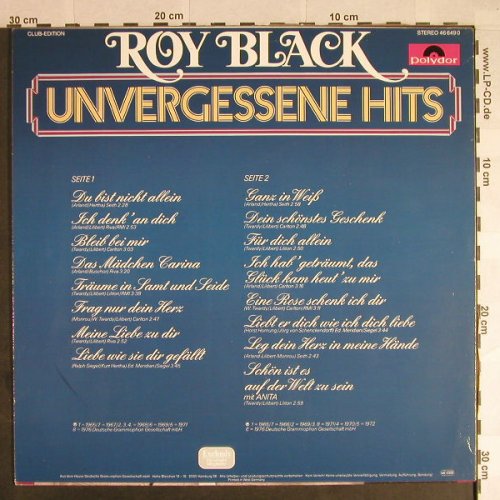 Black,Roy: Unvergessene Hits, Club-Ed., Polyd.(46 649 0), D, stol,  - LP - H293 - 5,50 Euro